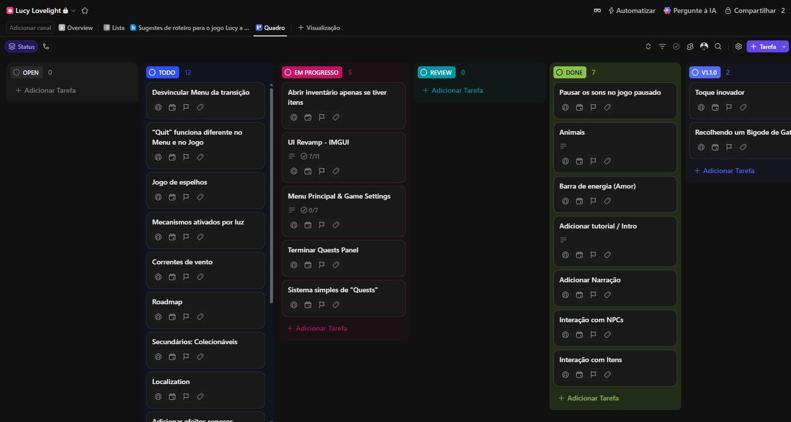 Quadro Kanban de Lucy